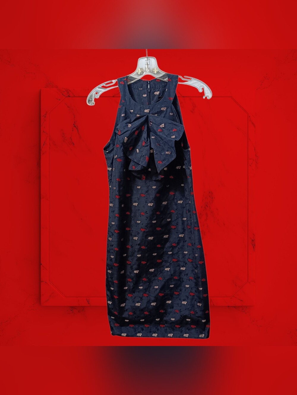 Banana Republic Navy Blue White Red Jacquard Sheath Dress Pleated Bow Neckline